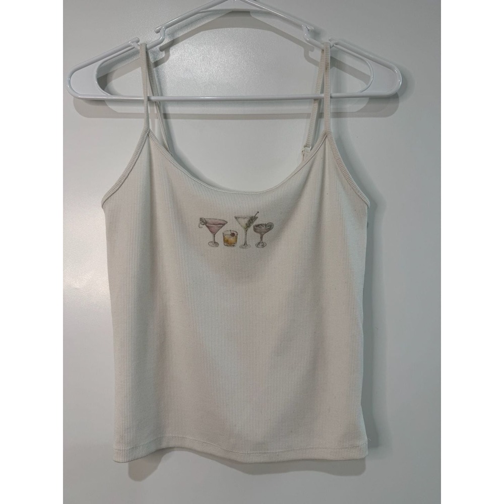 American Eagle White Ribbed Cocktail Graphic Spaghetti Strap Cami Tank Top S